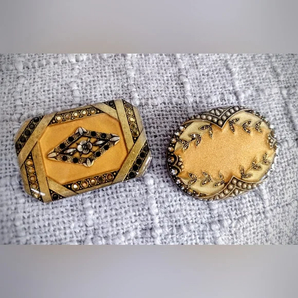 Vintage Brooch Set, 2 Matching Gold w/ Black & Brass Details- Catherine Popesco - Picture 9 of 9